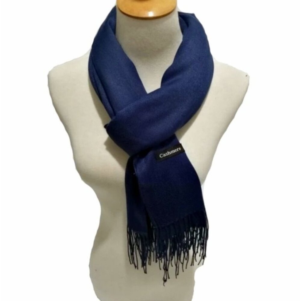 Luxurious Navy-Blue Cashmere Scarf 74" With Fringed Edges - Picture 3 of 8